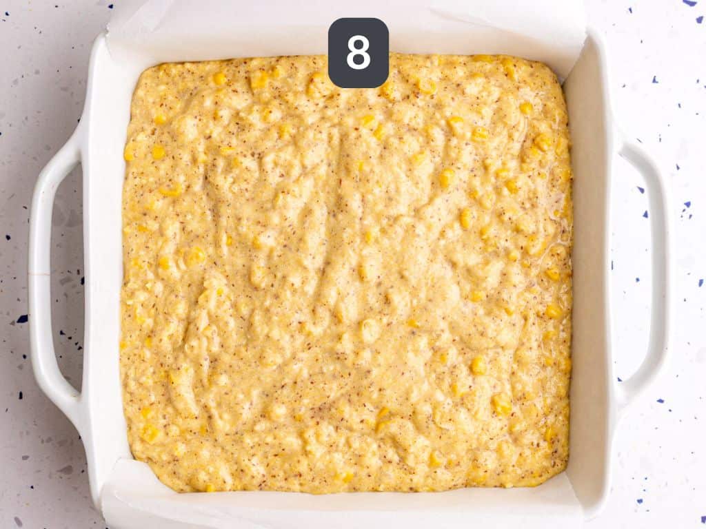 Vegan Cornbread Casserole Step 8 - spread into the prepared pan.