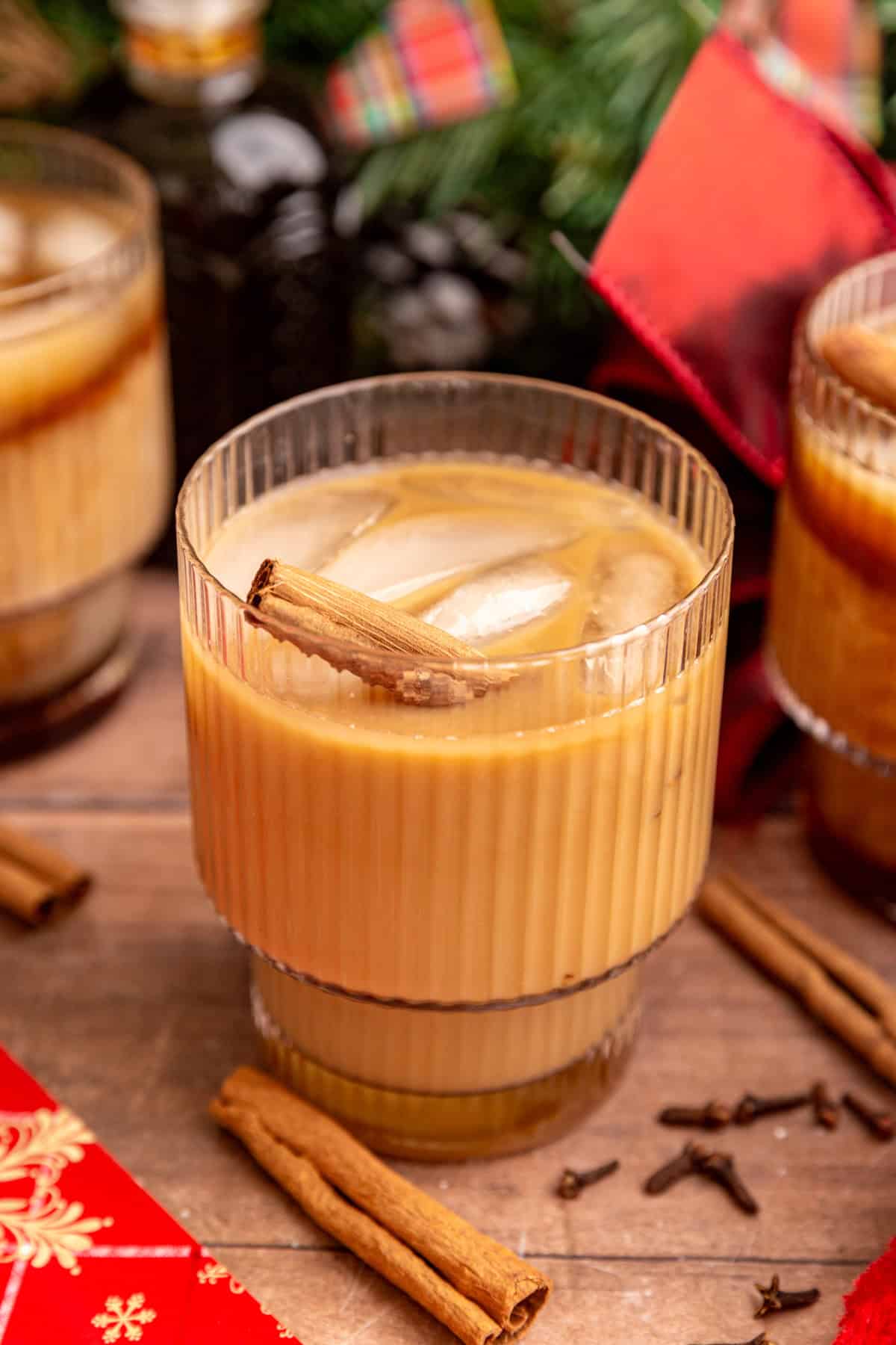 An iced vegan gingerbread latte, with the milk mixed in.