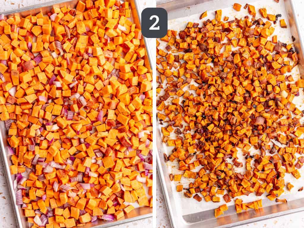 Vegan Roasted Sweet Potato Salad Step 2 - bake the sweet potatoes