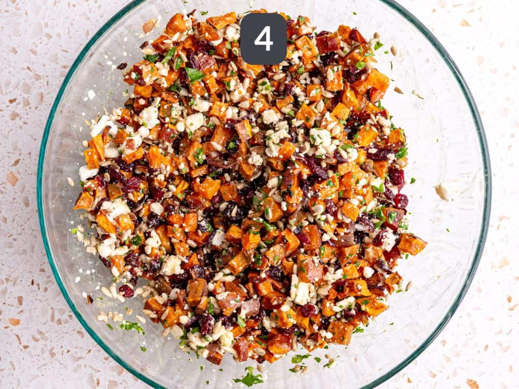 Vegan Roasted Sweet Potato Salad Step 4 - toss all the ingredients