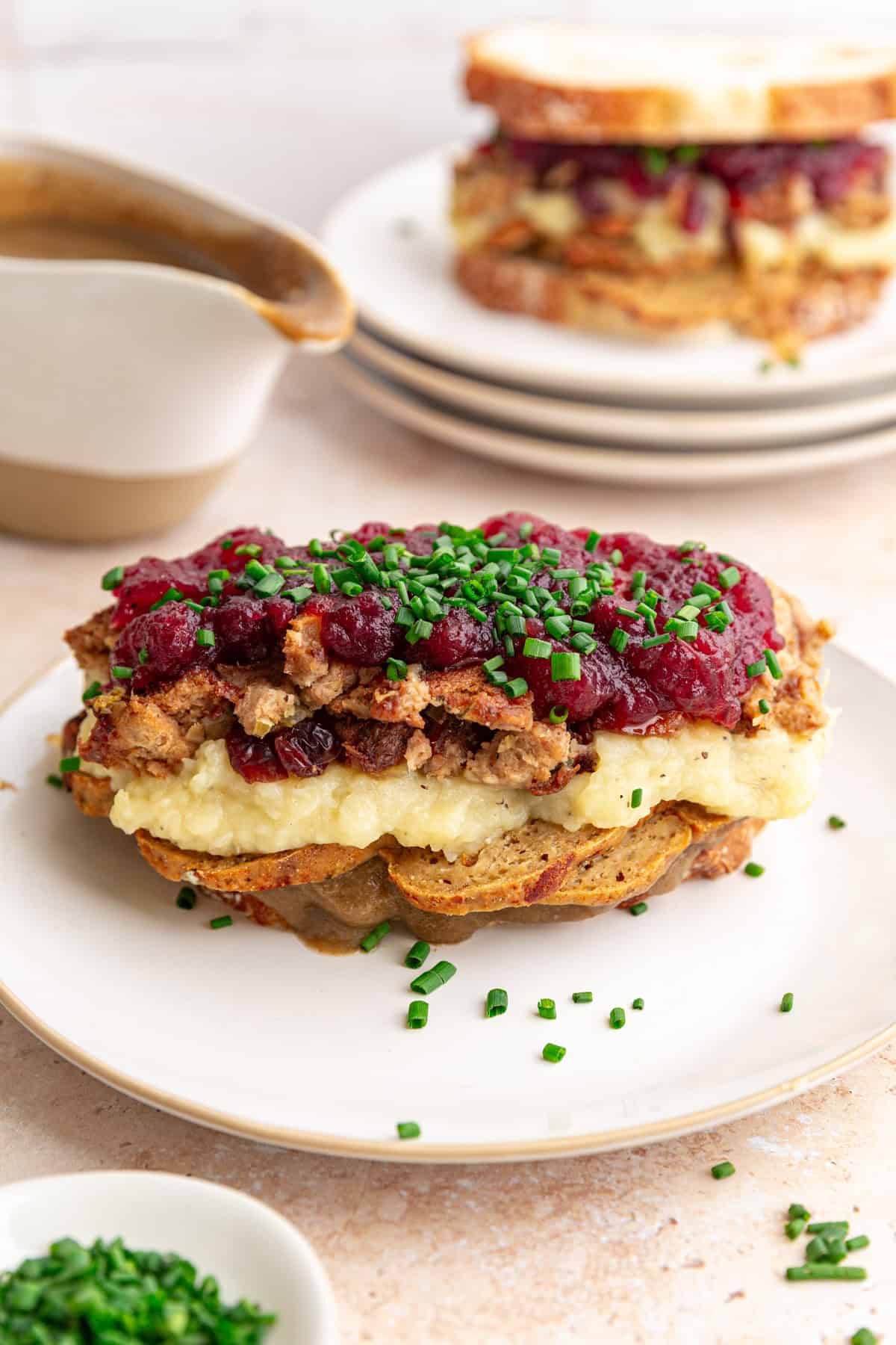 An open faced Vegan Thanksgiving Leftovers Sandwich.