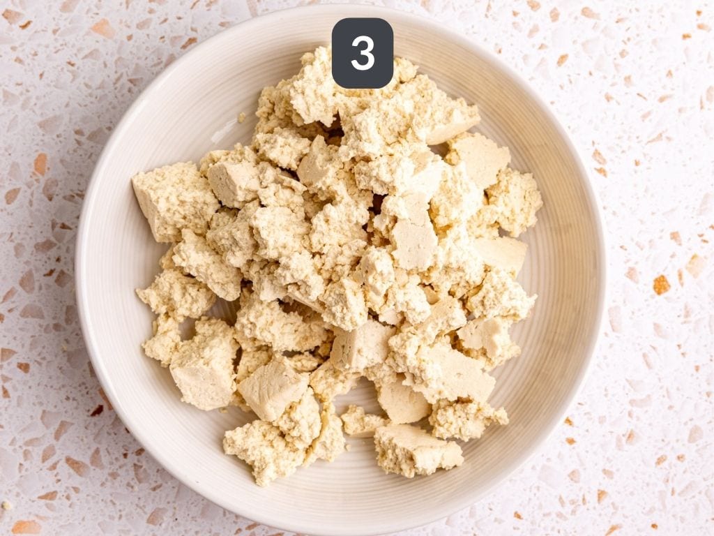 Buffalo Tofu Poppers Step 3 - break the tofu into pieces.