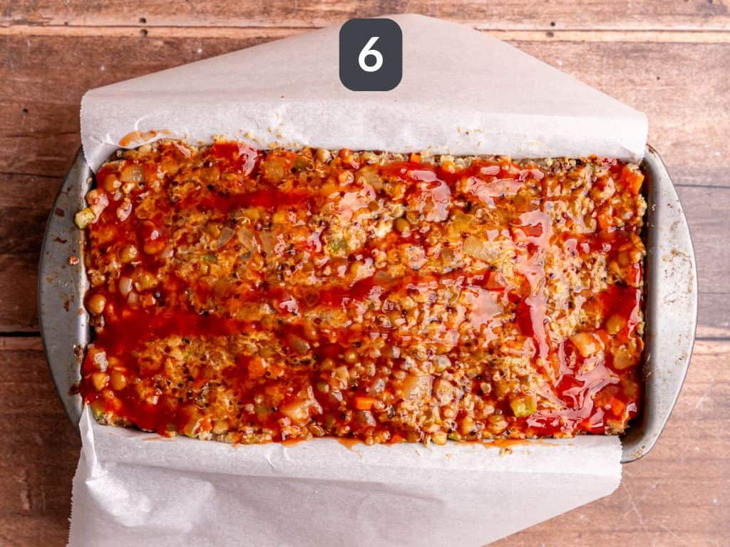 Lentil Quinoa Loaf Step 6 - brush half the glaze onto the loaf
