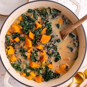 A pot of freshly cooked Sweet Potato Wild Rice Soup