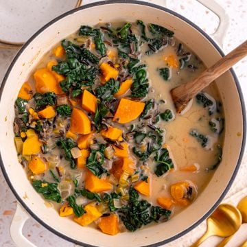 A pot of freshly cooked Sweet Potato Wild Rice Soup