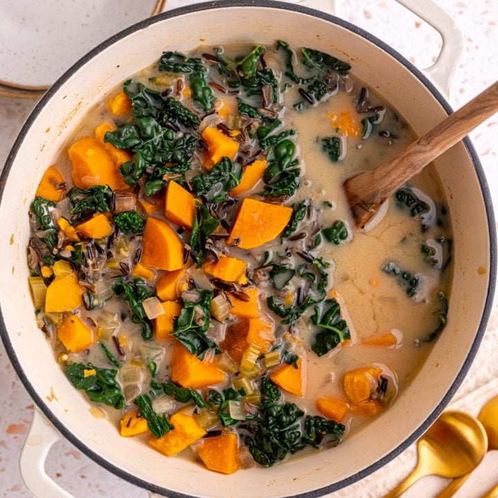 A pot of freshly cooked Sweet Potato Wild Rice Soup