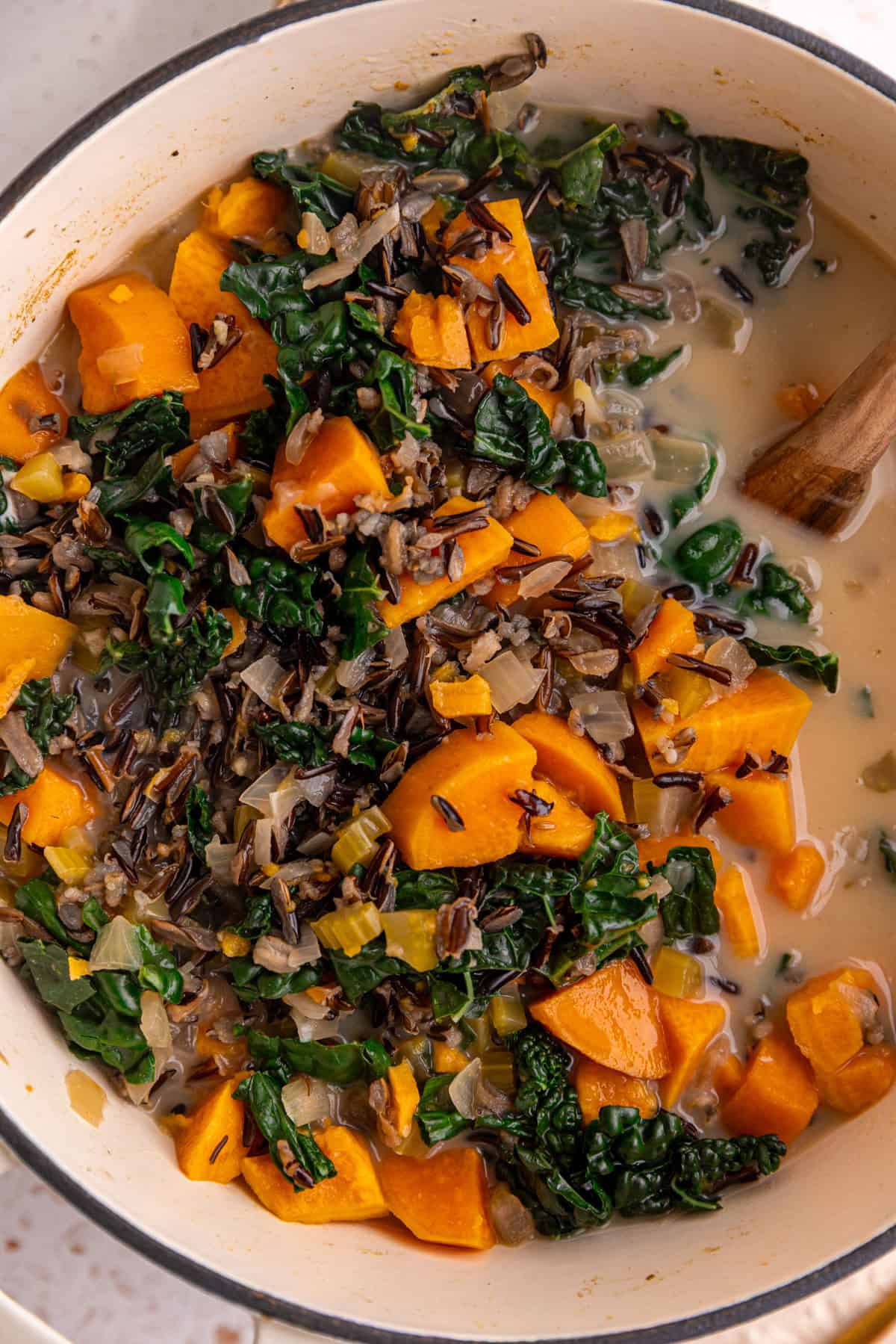 A pot of freshly cooked Sweet Potato Wild Rice Soup