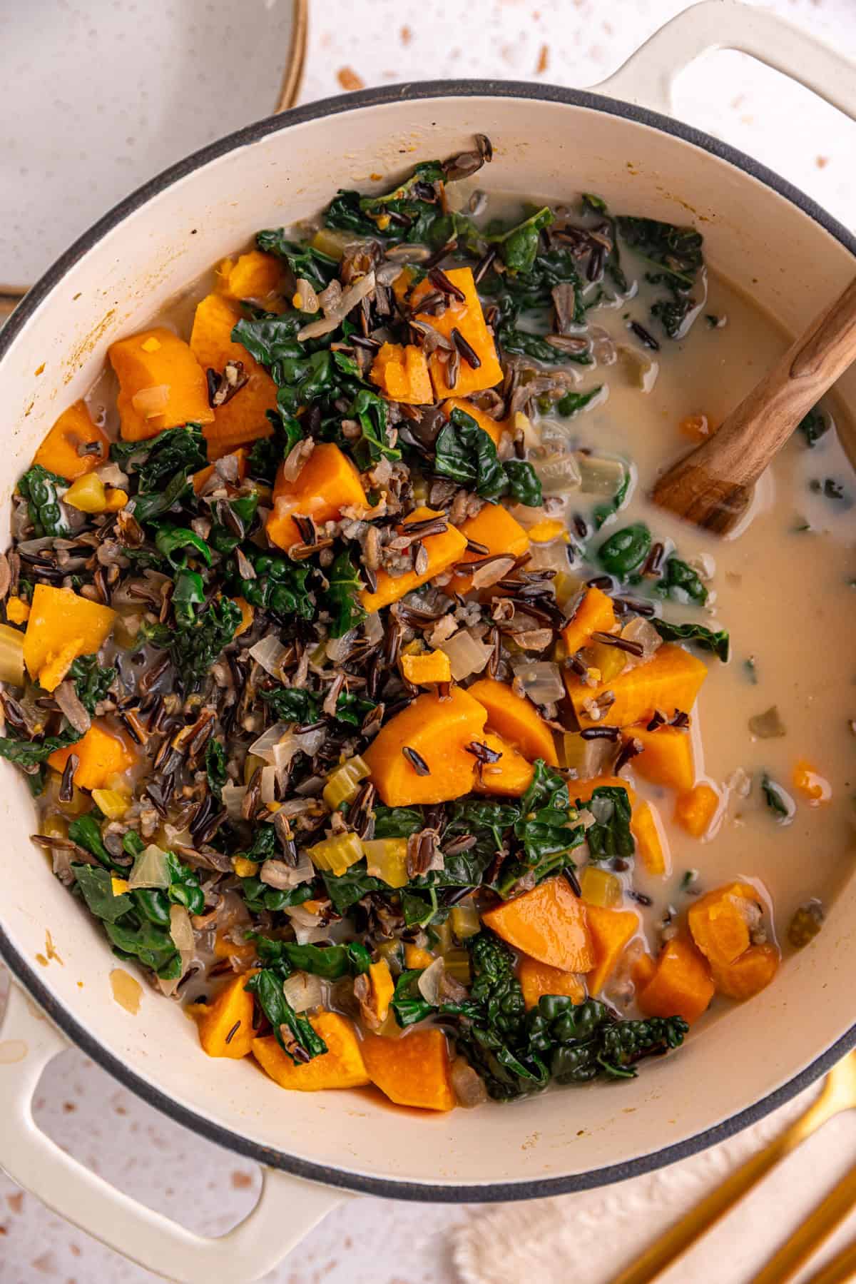 A pot of freshly cooked Sweet Potato Wild Rice Soup