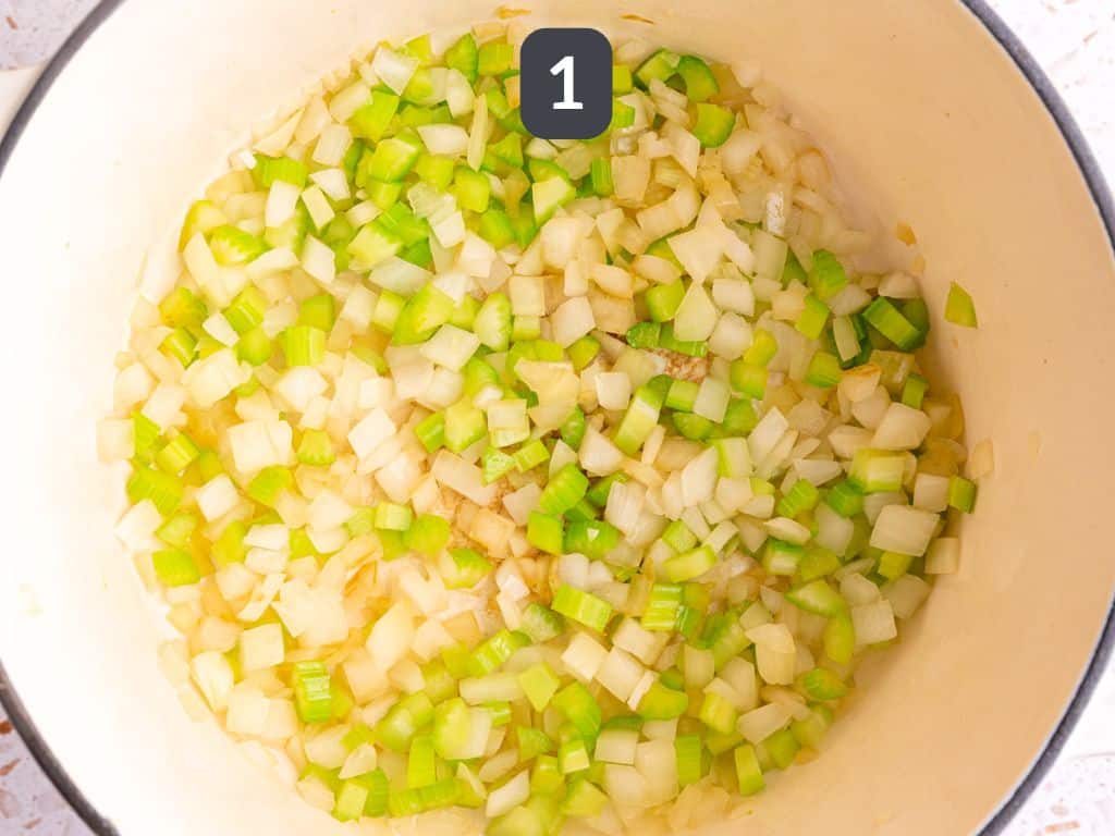 Sweet Potato Wild Rice Soup Step 1 - sauté the onion and celery