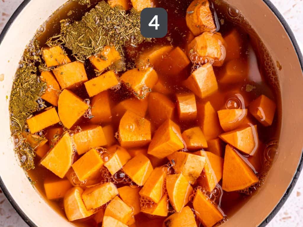 Sweet Potato Wild Rice Soup Step 4 - add the broth, sweet potatoes, and spices