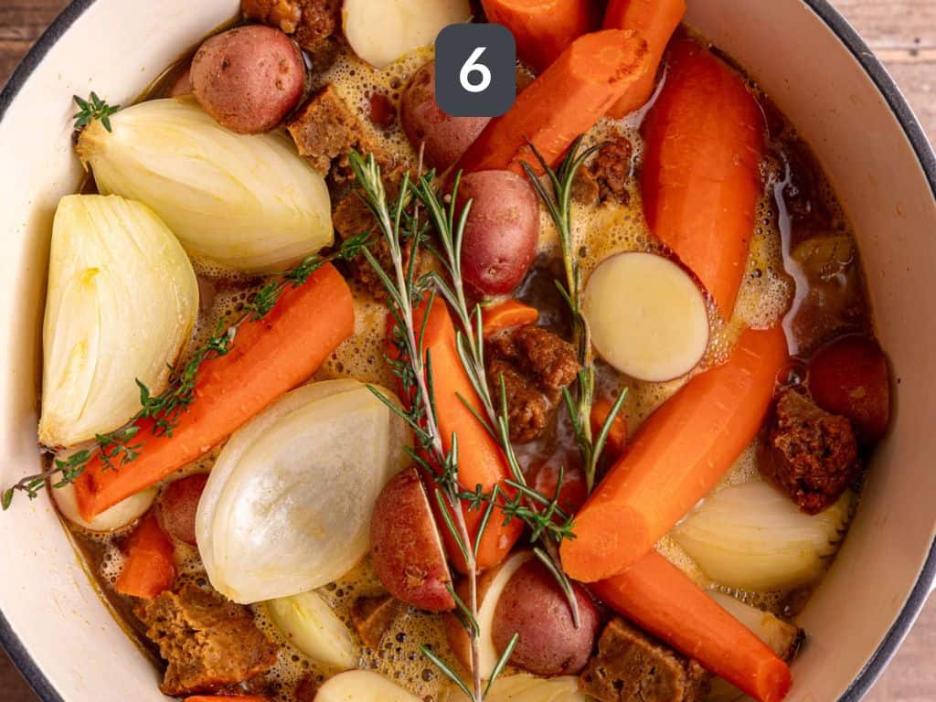 Vegan Pot Roast Step 6 - add the herbs and bring to a simmer.