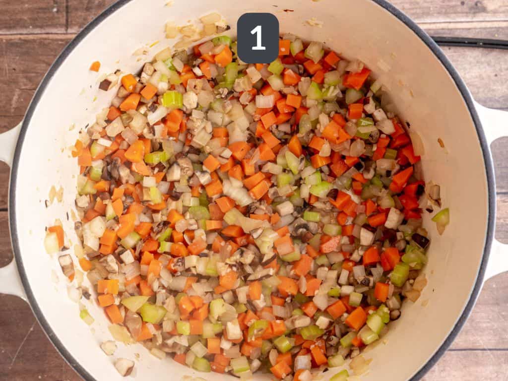 Vegan Shepherds Pie Soup Step 1 - saute the veggies.