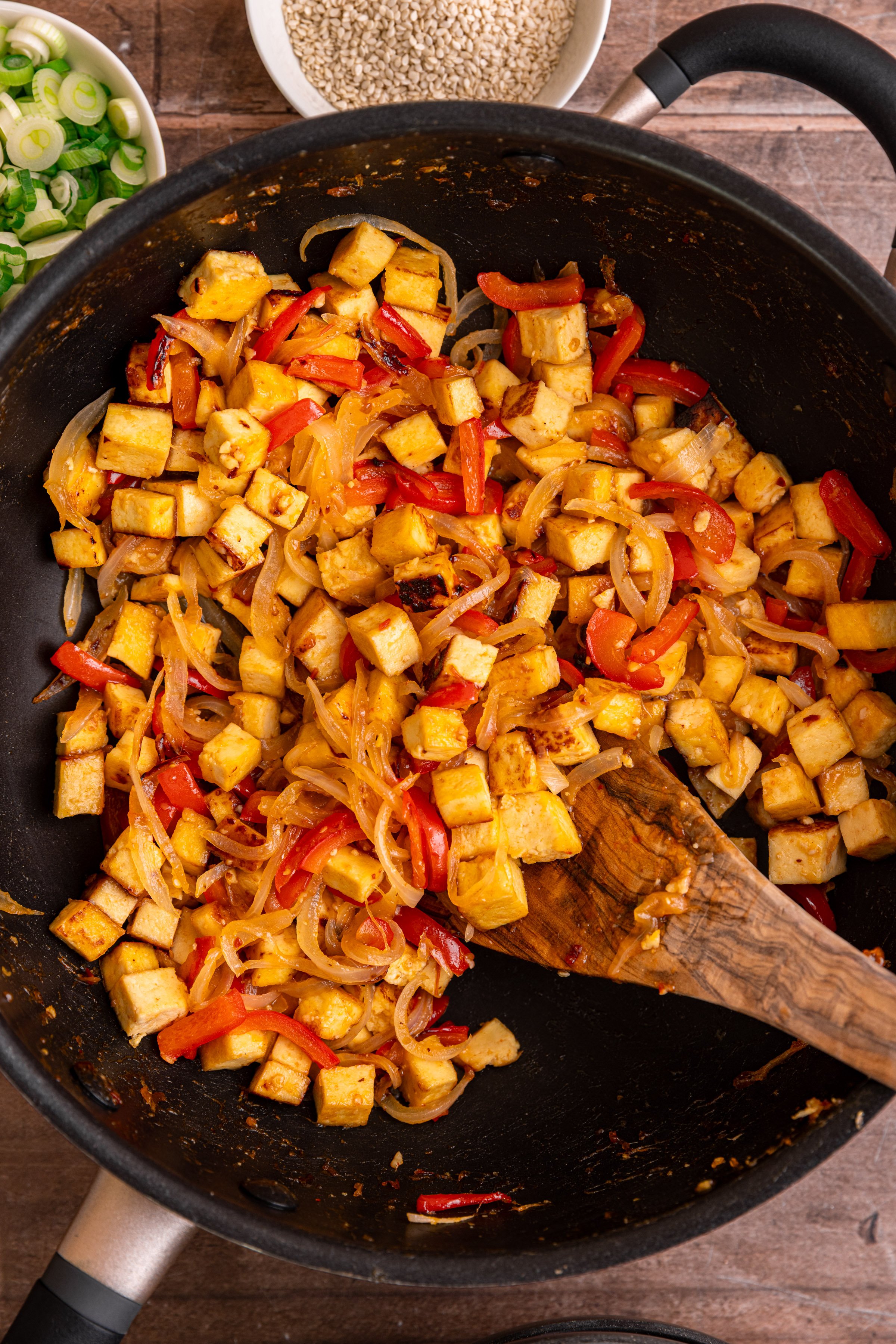 A pan of freshly cooked sweet chili tofu.