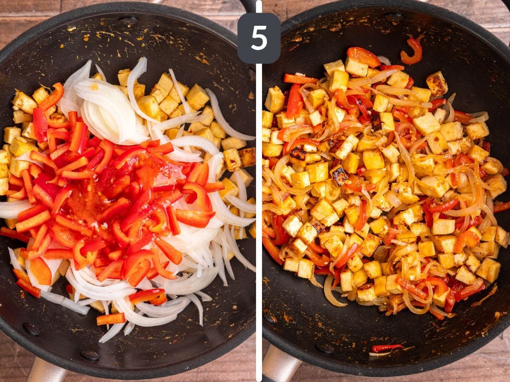 Sweet Chili Tofu Step 5 - add onions and peppers and more sauce.