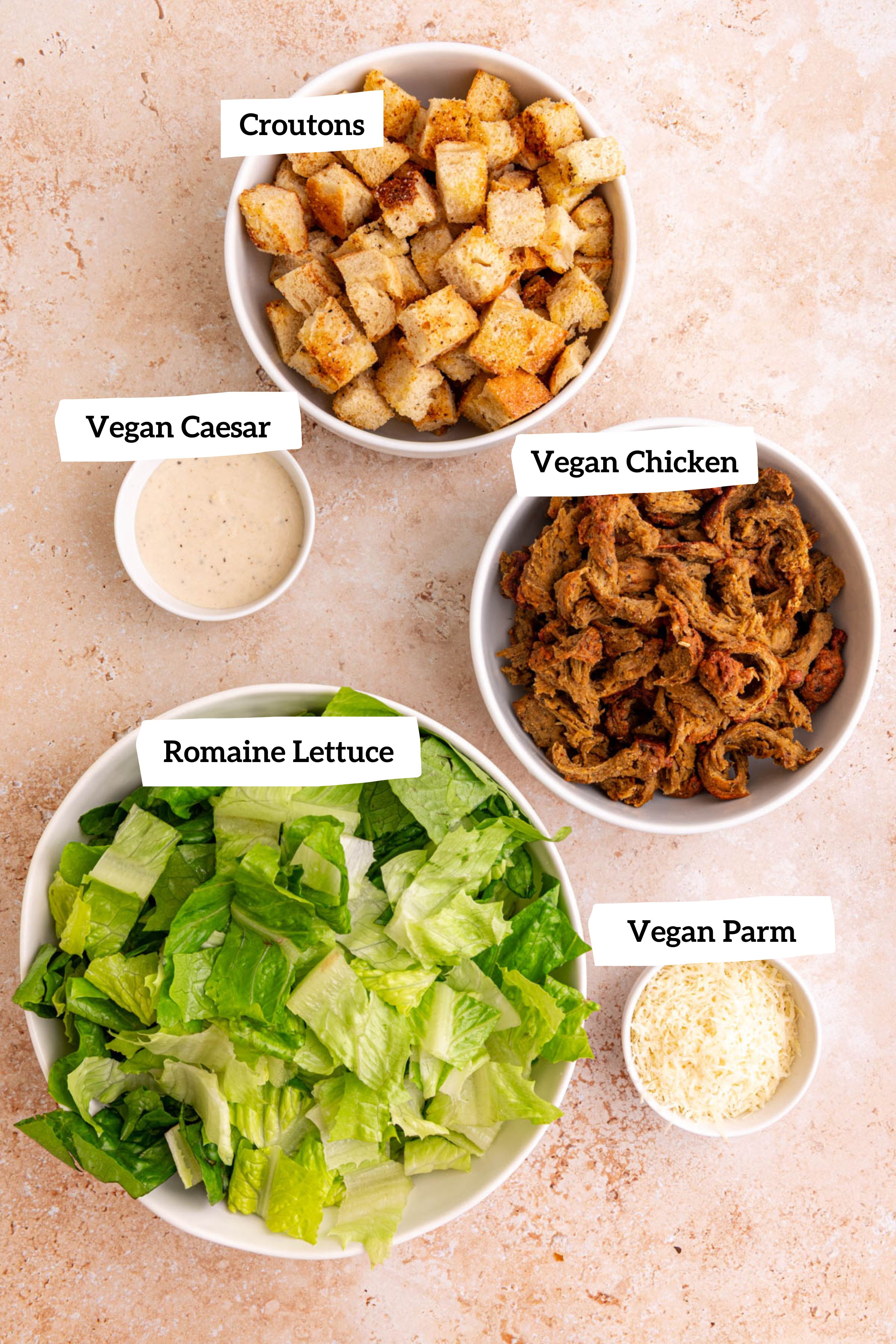 Vegan chicken caesar salad ingredients.