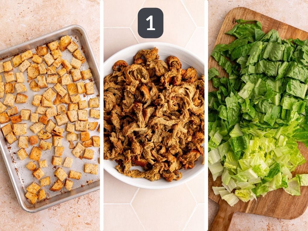 Vegan chicken caesar salad - prep ingredients.