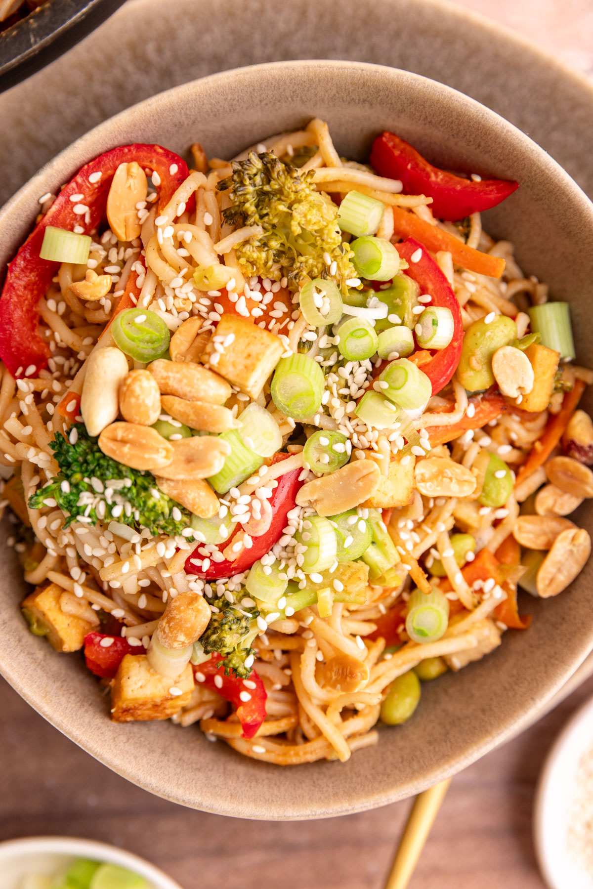 A bowl of vegan satay noodles topped with scallions, sesame seeds, and peanuts.
