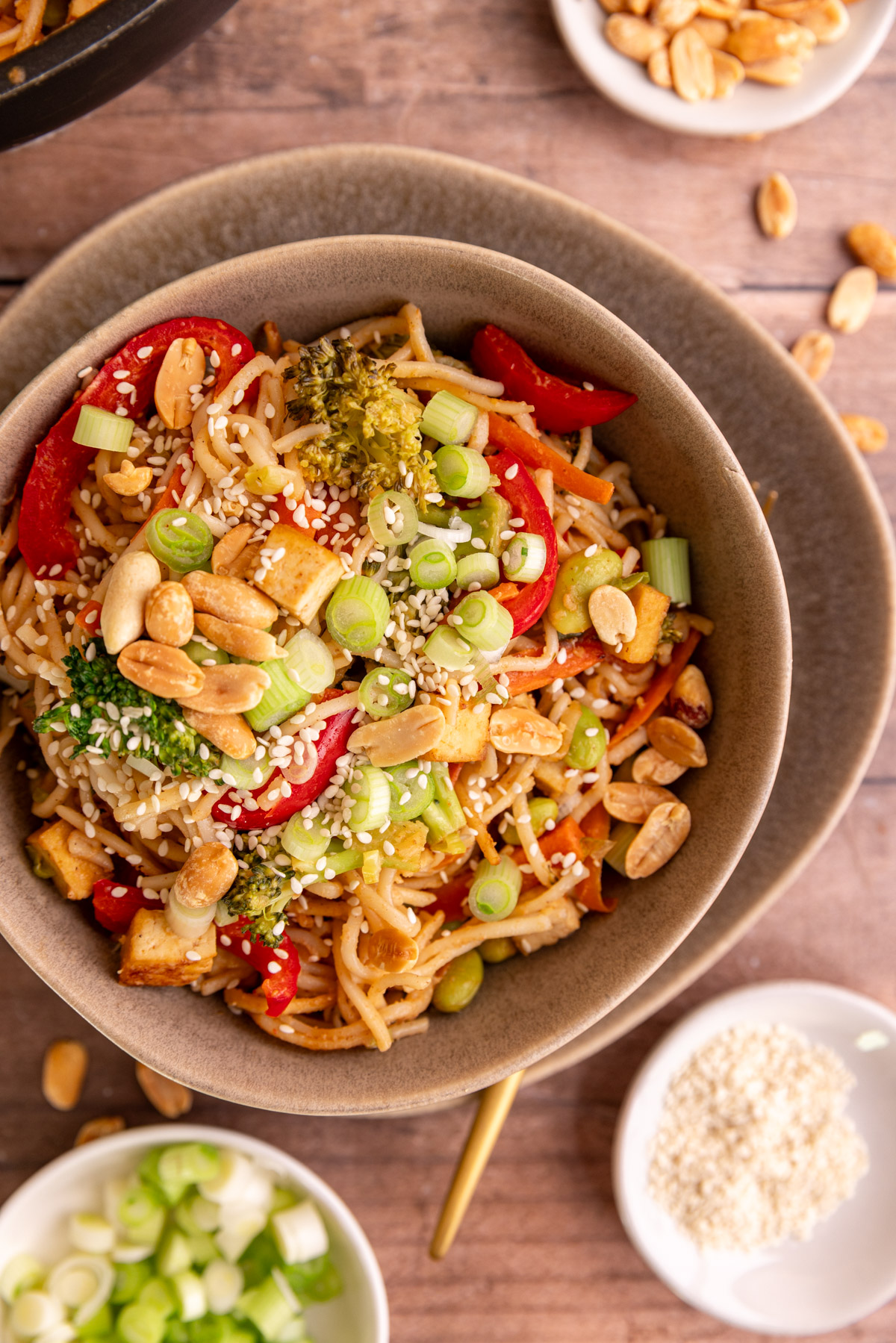 A bowl of vegan satay noodles topped with scallions, sesame seeds, and peanuts.