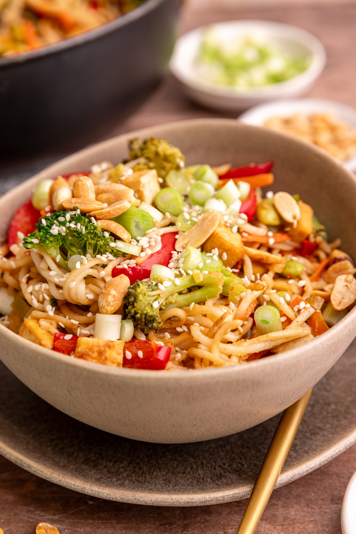A bowl of vegan satay noodles topped with scallions, sesame seeds, and peanuts.