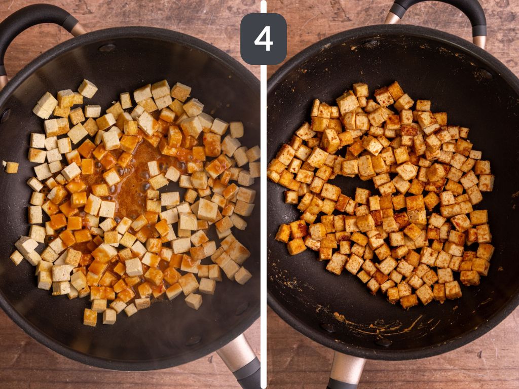 Vegan satay noodles step 4 - add some of the peanut sauce to the tofu.