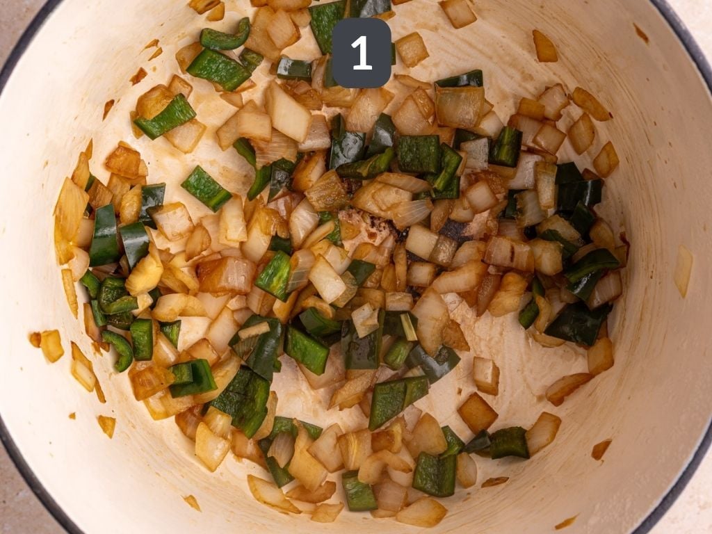 Vegan Five Bean Chili Step 1 - sauté the onion and pepper.