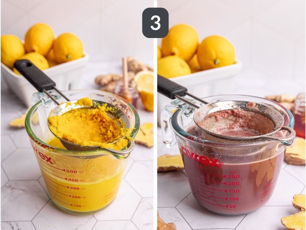 Ginger shots step 3 - strain through a strainer.