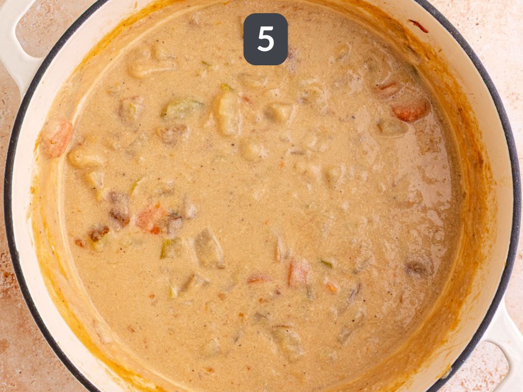 Vegan Potato Leek Soup Step 5- add the broth and cashew cream.