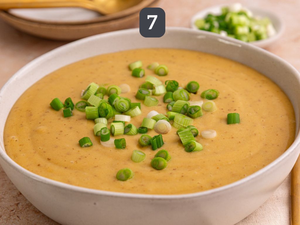 Vegan Potato Leek Soup Step 7 - serve with a garnish of scallions.