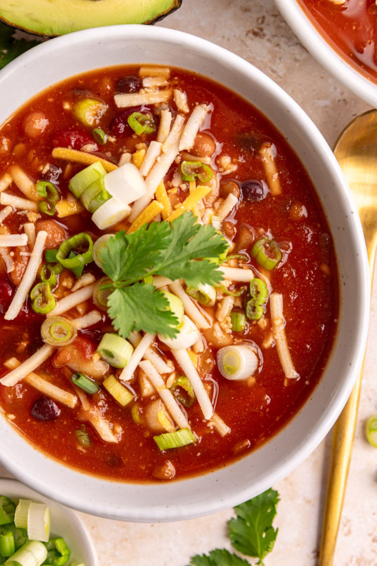 A bowl of vegan 5 bean chili garnished with cilantro, vegan cheese, and scallions.