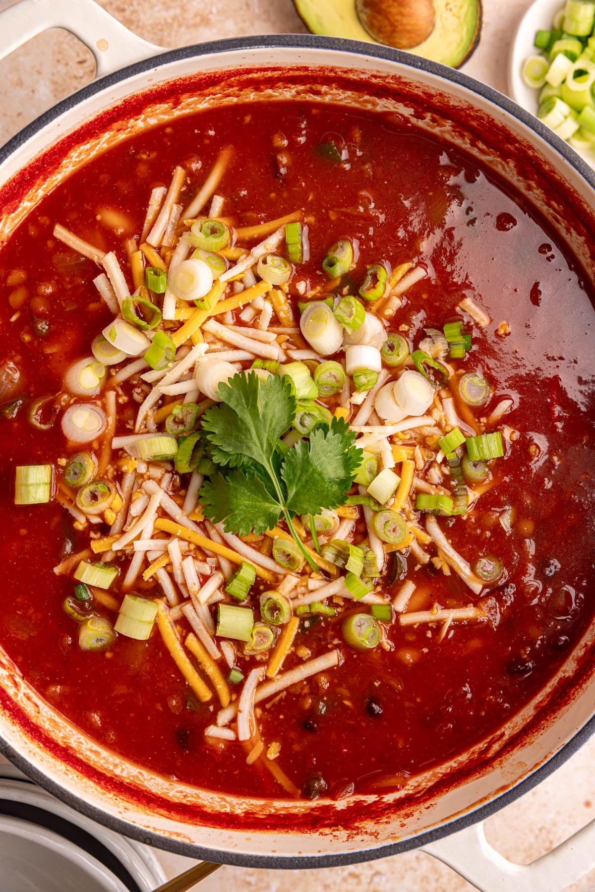 A pot of freshly cooked Vegan Five Bean Chili.