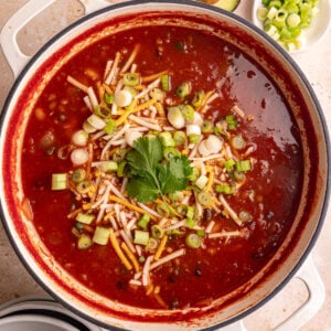 A pot of freshly cooked Vegan Five Bean Chili.
