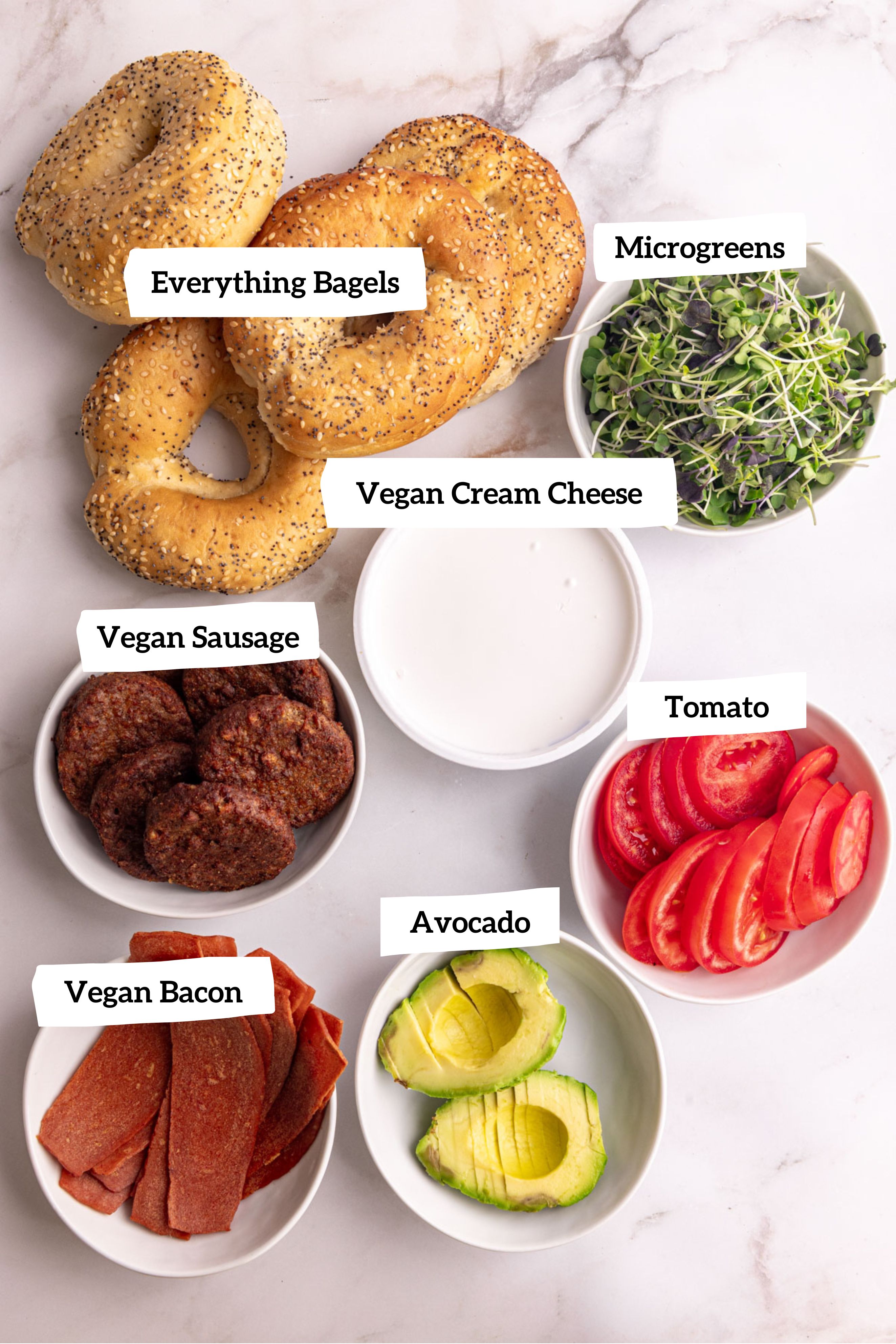 Vegan bagel breakfast sandwich ingredients.