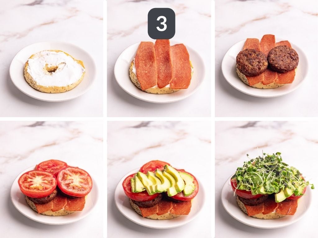 Vegan bagel breakfast sandwich step 3 - add the toppings to the bagel and make a sandwich.