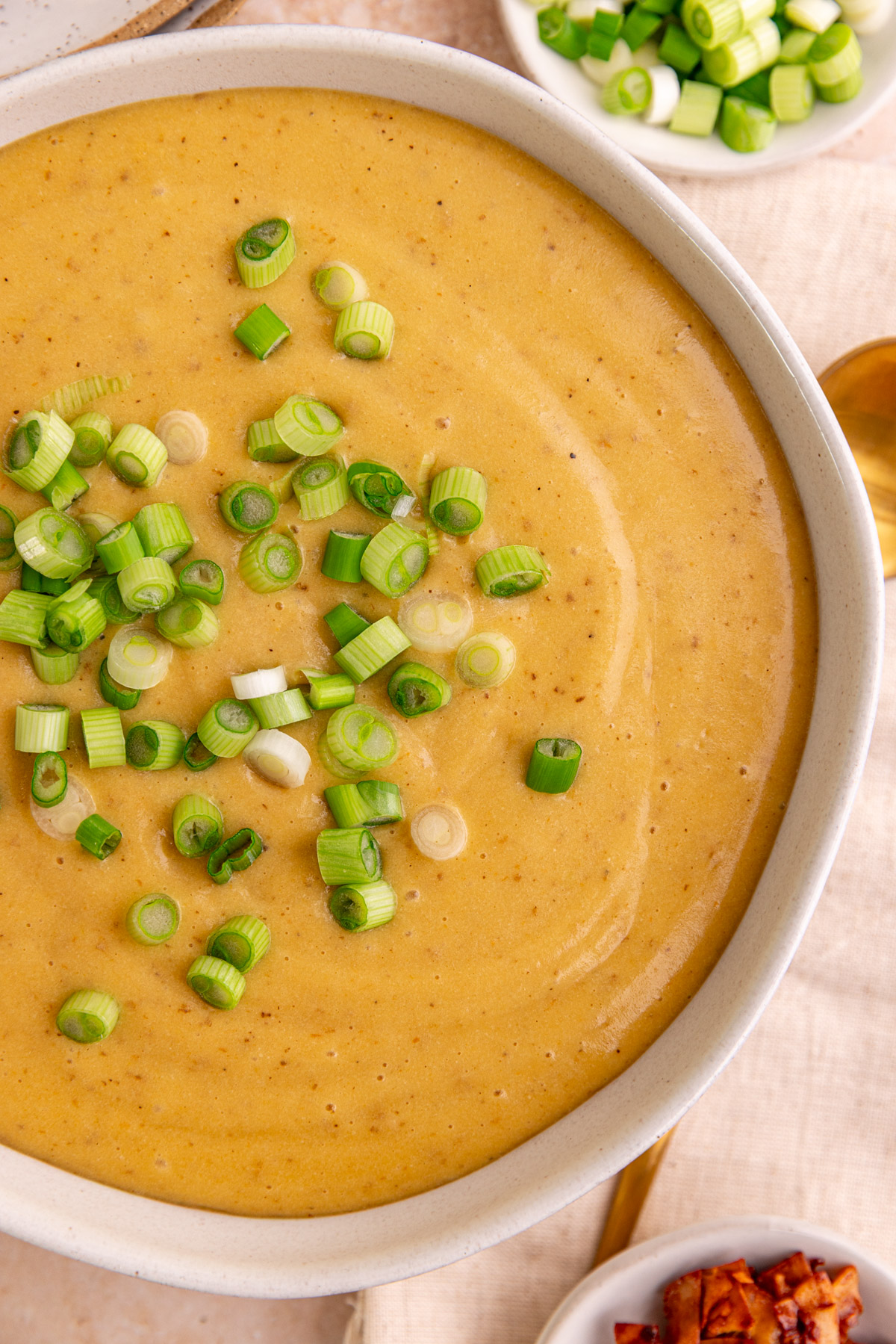 A bowl of potato leek soup garnished with scallions.