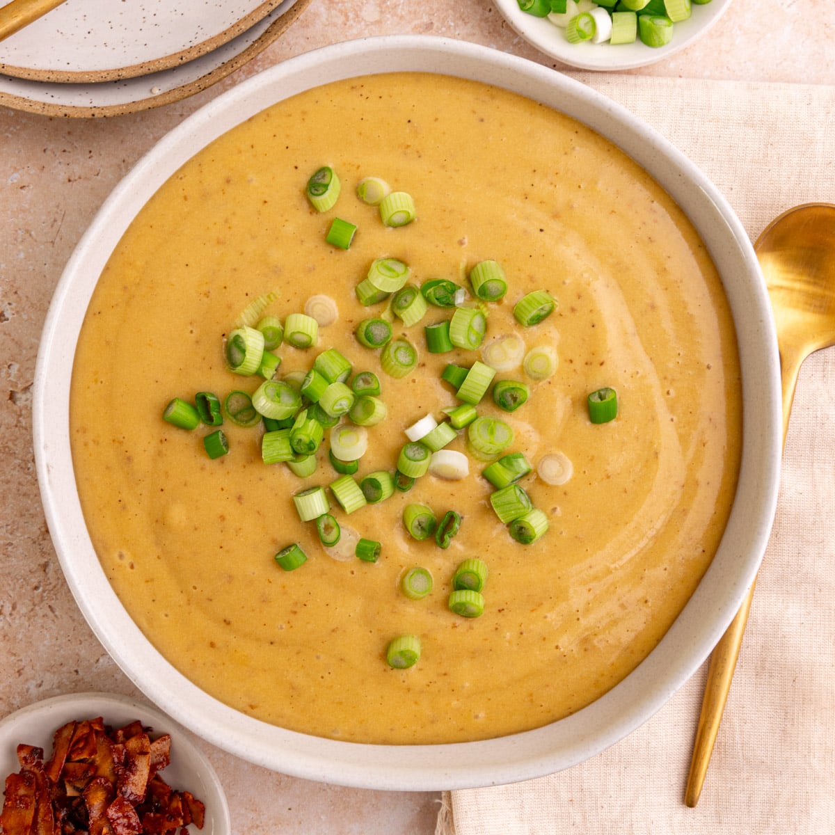 A bowl of plant-based Potato Leek Soup topped with scallions