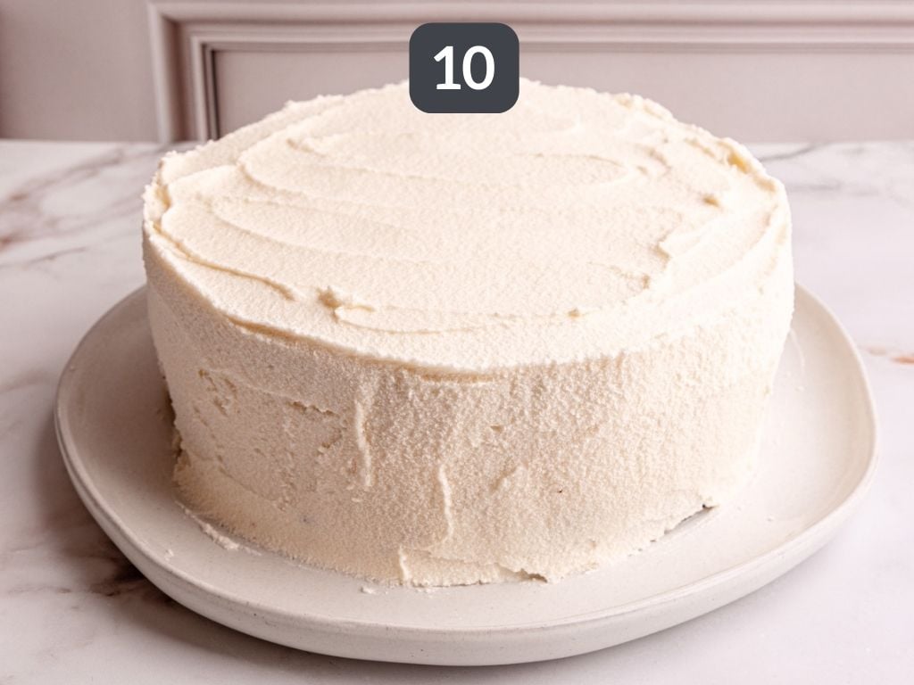 Vegan Red Velvet Cake step 10 - frost the cake.