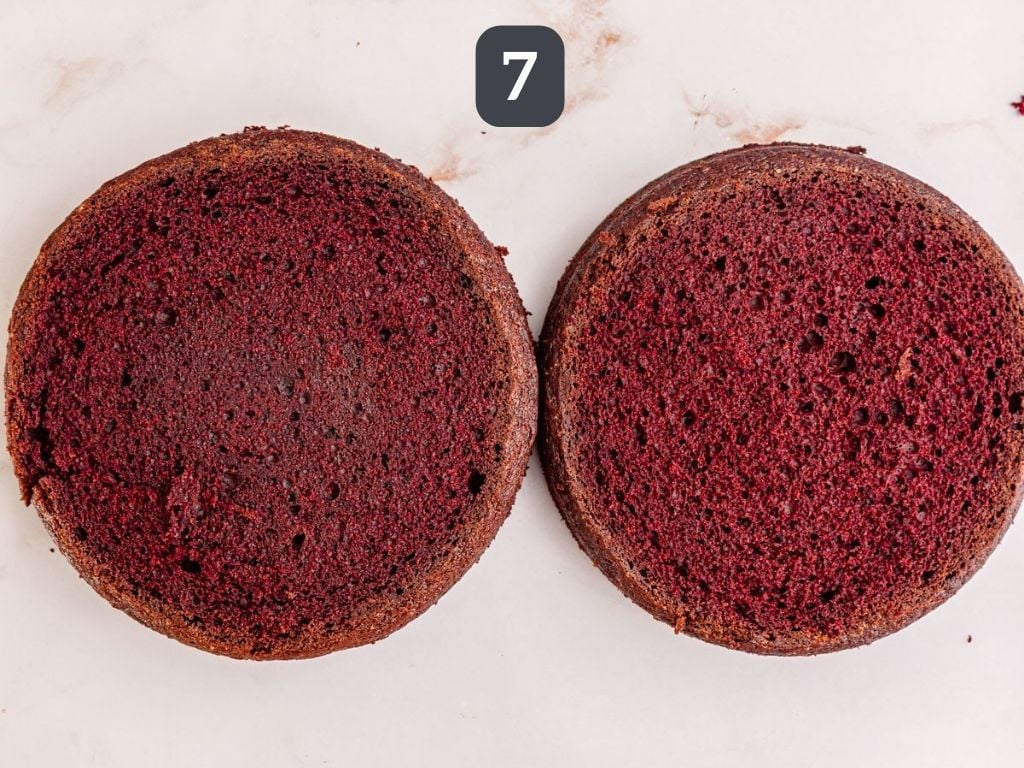 Vegan Red Velvet Cake step 7 - level the cakes.