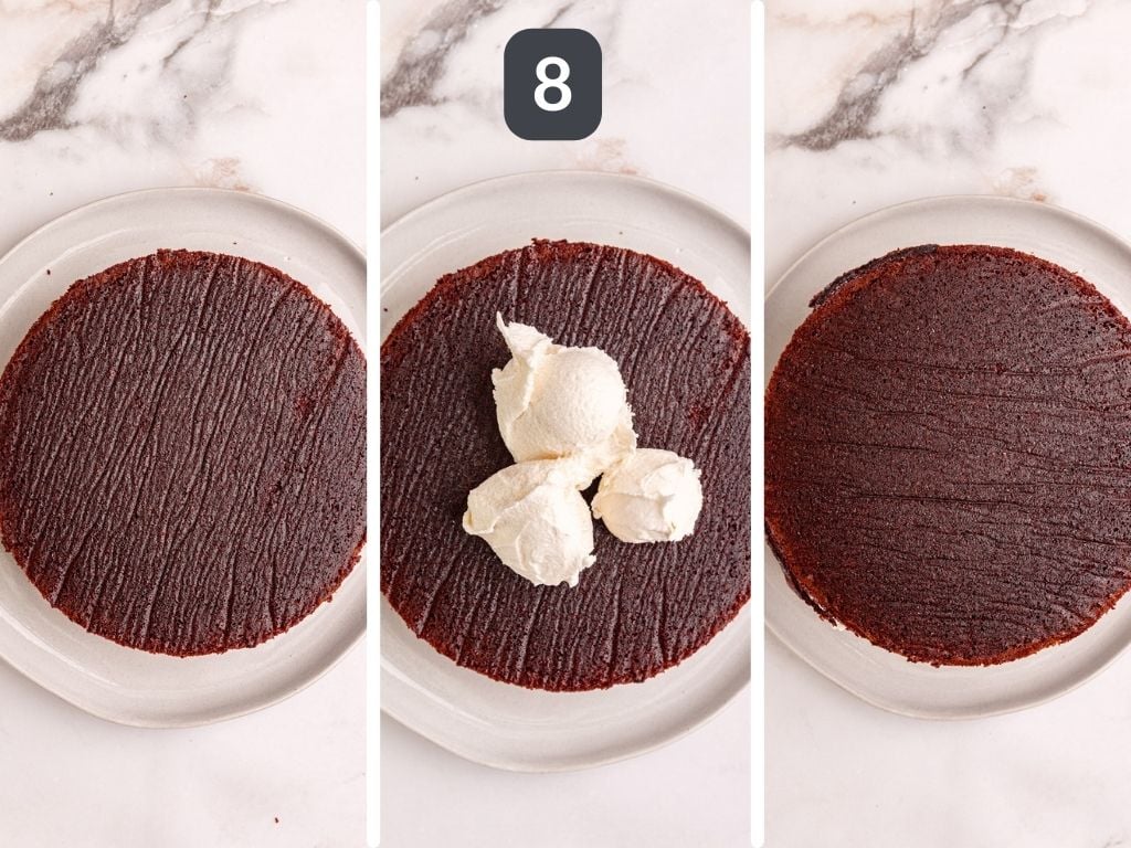 Vegan Red Velvet Cake step 8 - frost the cake layers and stack.