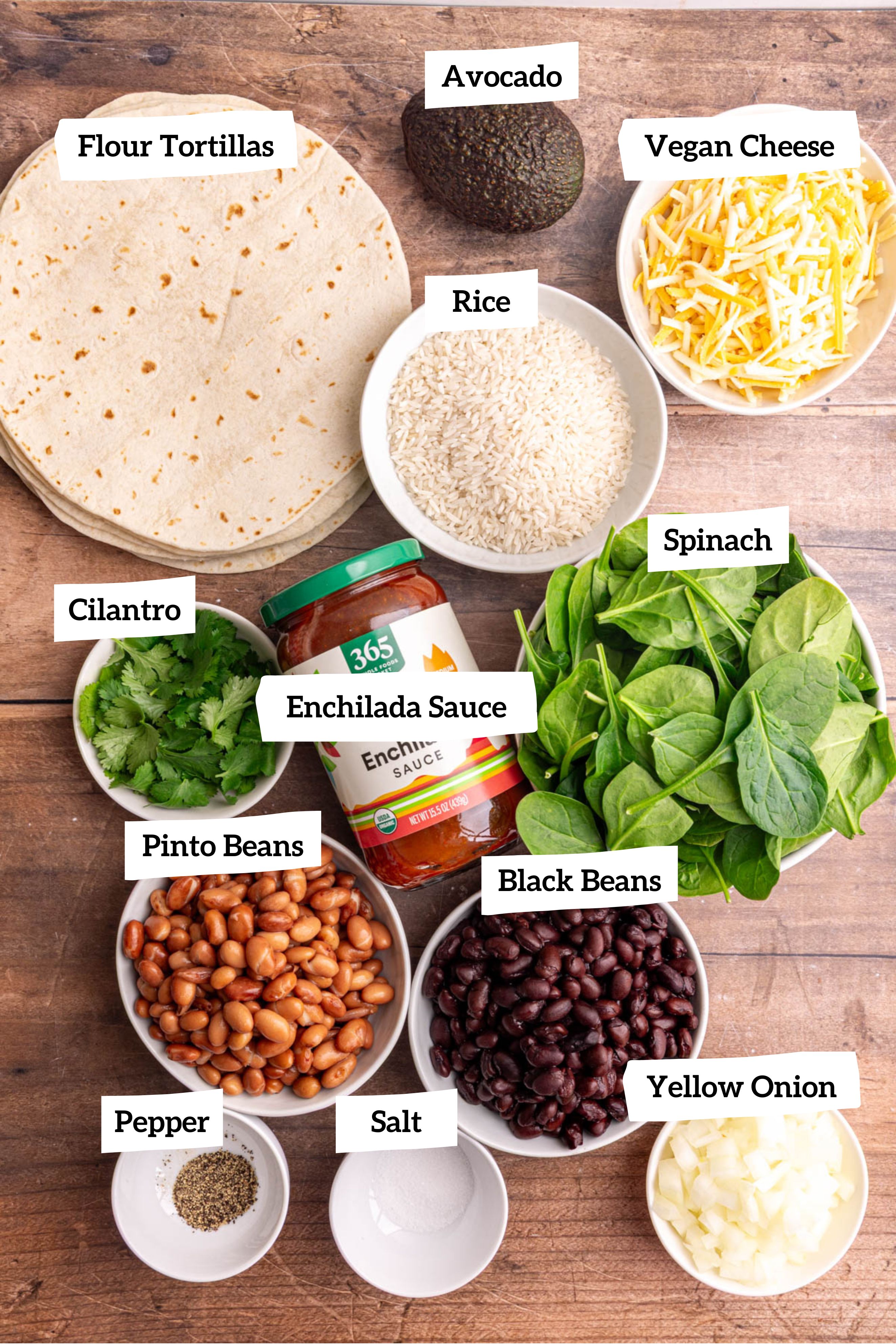 Vegan rice and bean enchiladas ingredients.