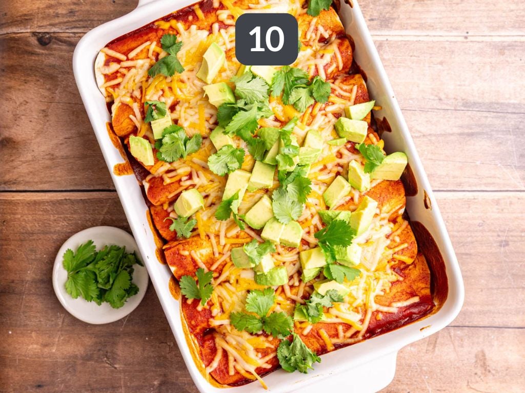 Vegan rice and bean enchiladas step 10 - top with cilantro and avocado.