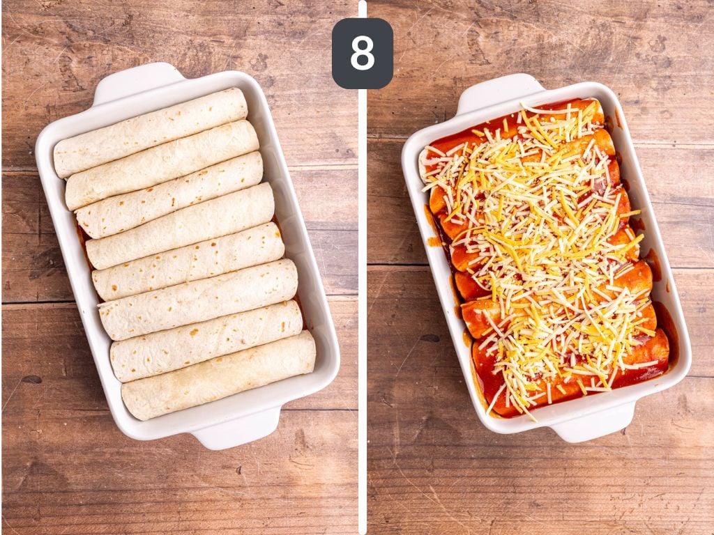 Vegan rice and bean enchiladas step 8 - arrange in the pan and cover with enchilada sauce and cheese.