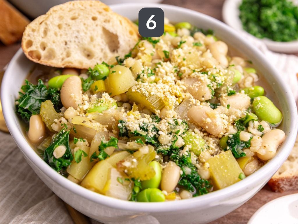 White Minestrone Step 6 - serve with parm, parsley, and bread.