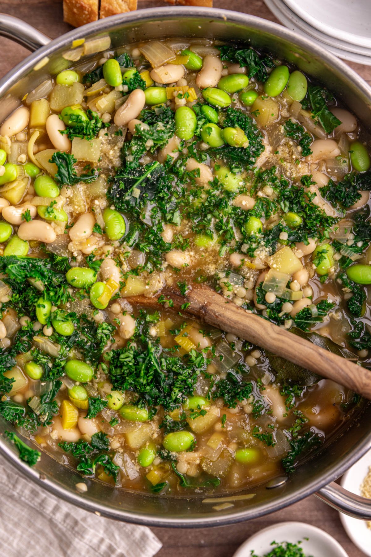 A pot of freshly cooked white minestrone soup.