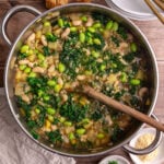 A pot of freshly cooked white minestrone soup.