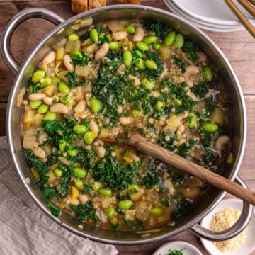 A pot of freshly cooked white minestrone soup.
