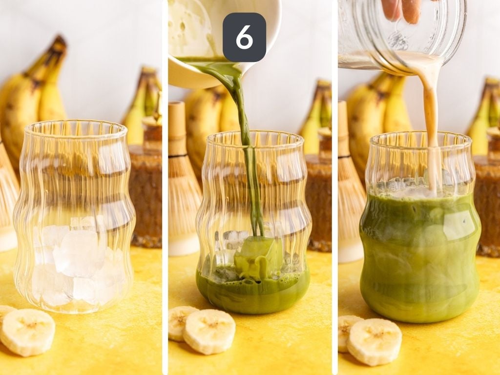 Banana cream matcha latte step 6 - pour the matcha over ice and top with the milk.