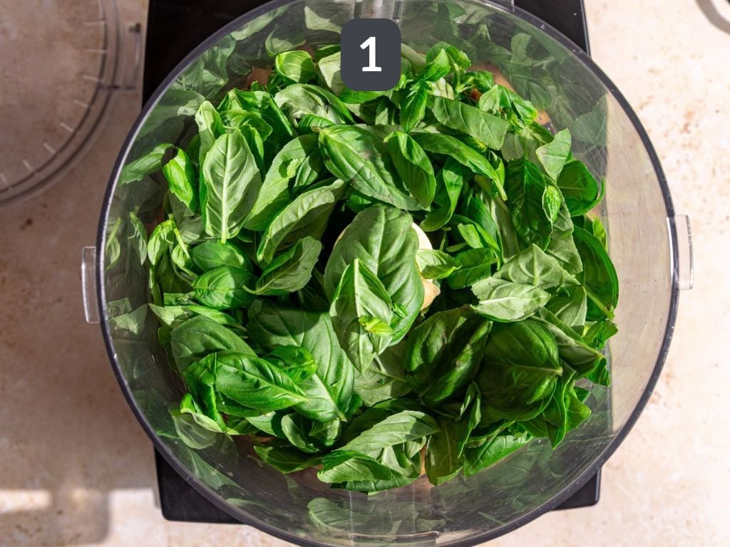 Basil Hummus Step 1 - add all the ingredients to the food processor.