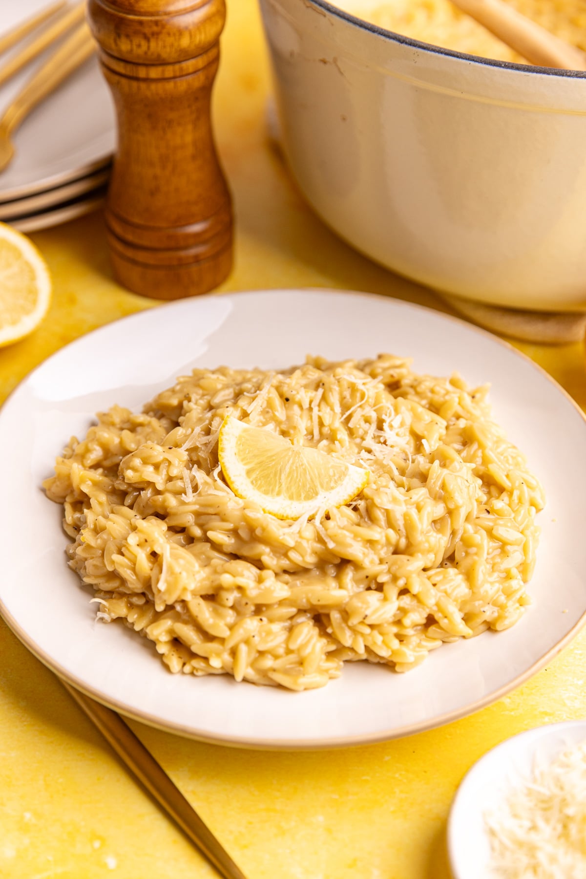 A plate of creamy lemon orzo, garnished with lemon slices and vegan parm.