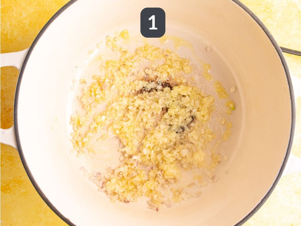 Creamy Lemon Orzo Step 1 - sauté the shallot and garlic.