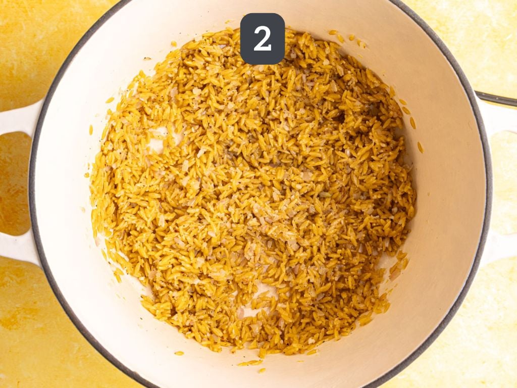 Creamy Lemon Orzo Step 2 - add the orzo and toast.